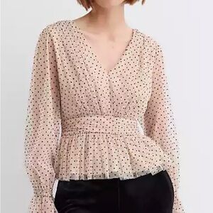 NWT LOFT Cream Polka Dot V-Neck Peplum Blouse in Size 6 & 8